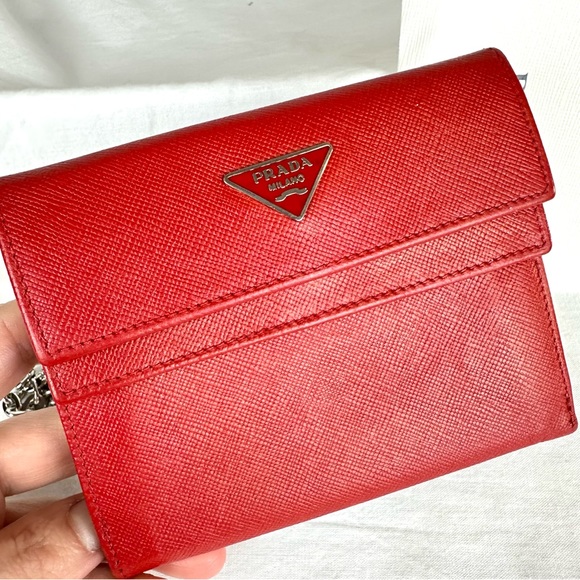 PRADA Saffiano red leather compact mini wallet crossbody bag - Picture 12 of 16